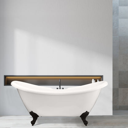 Porva 69" x 29" Acrylic Clawfoot Soaking Bathtub in Glossy White with Matte Black Drain and Overflow