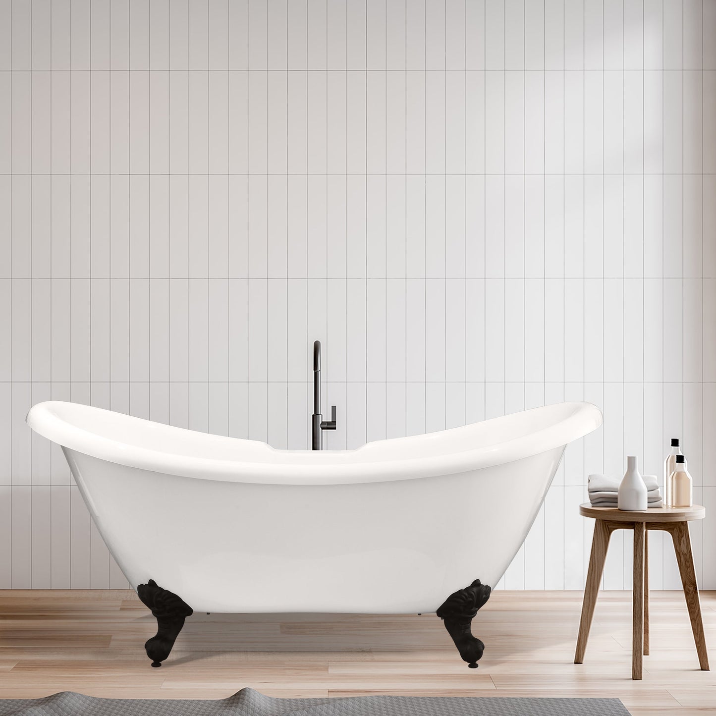 Porva 69" x 29" Acrylic Clawfoot Soaking Bathtub in Glossy White with Matte Black Drain and Overflow