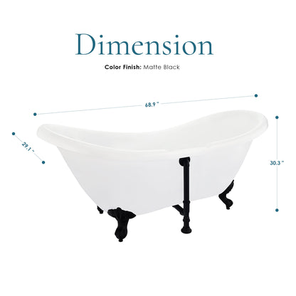 Porva 69" x 29" Acrylic Clawfoot Soaking Bathtub in Glossy White with Matte Black Drain and Overflow