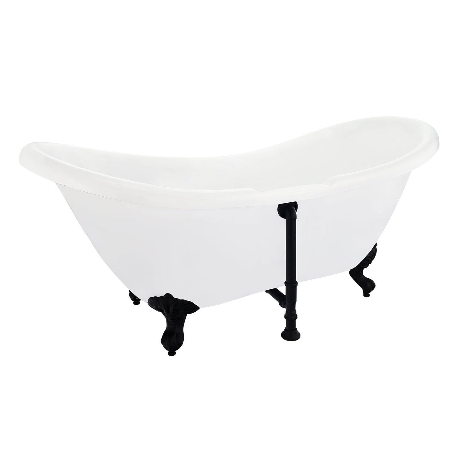 Porva 69" x 29" Acrylic Clawfoot Soaking Bathtub in Glossy White with Matte Black Drain and Overflow