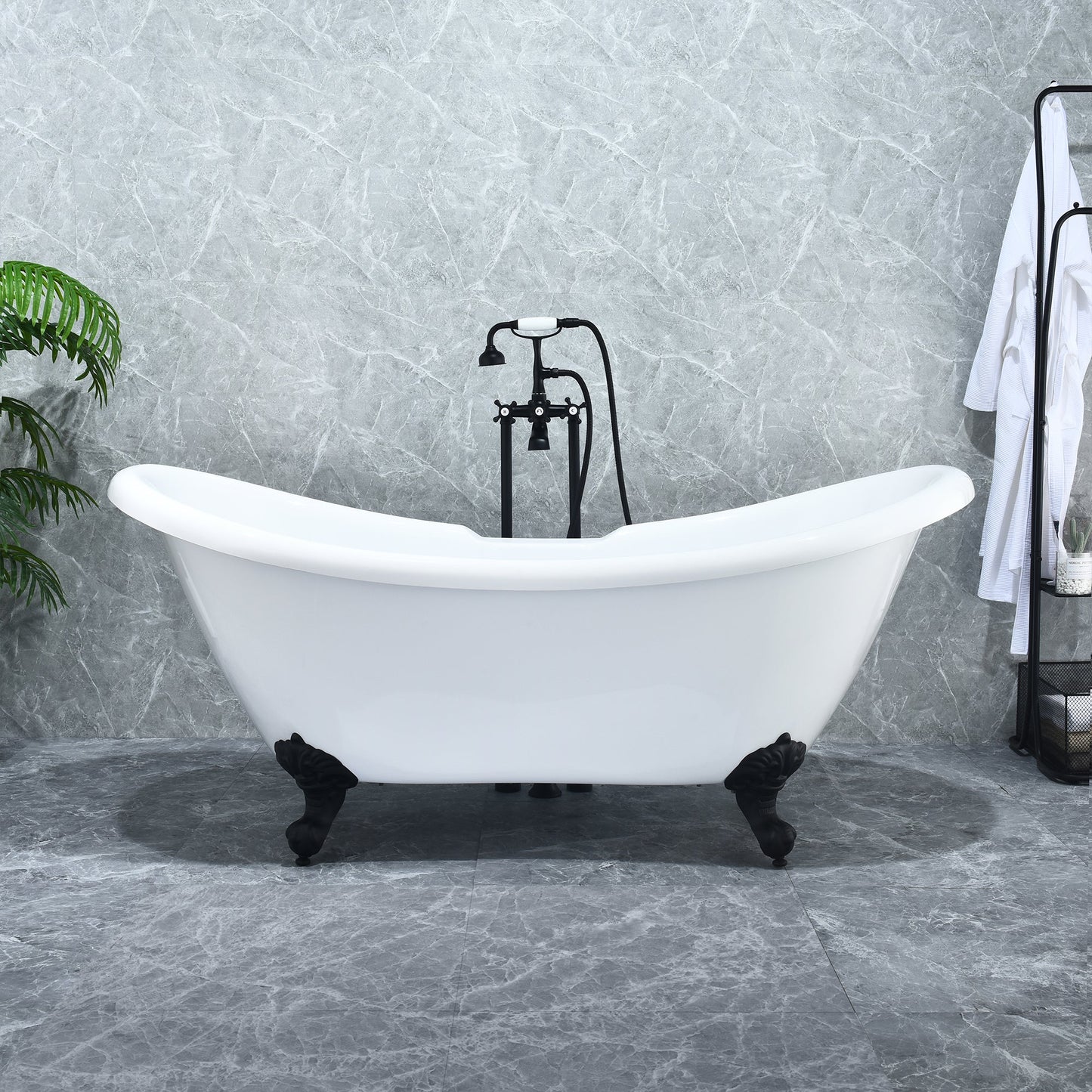 Porva 69" x 29" Acrylic Clawfoot Soaking Bathtub in Glossy White with Matte Black Drain and Overflow