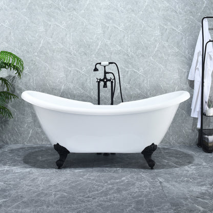 Porva 69" x 29" Acrylic Clawfoot Soaking Bathtub in Glossy White with Matte Black Drain and Overflow