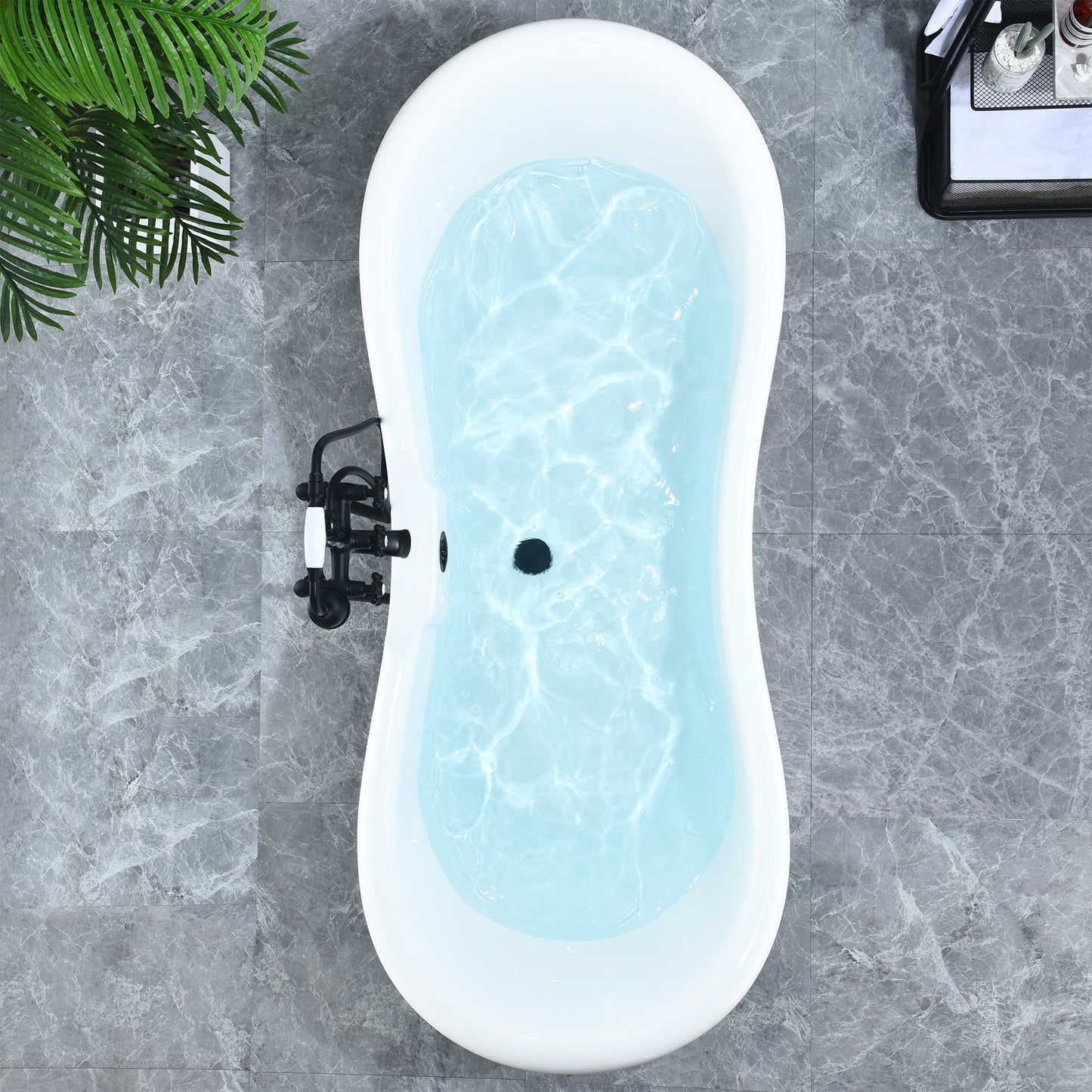 Porva 69" x 29" Acrylic Clawfoot Soaking Bathtub in Glossy White with Matte Black Drain and Overflow