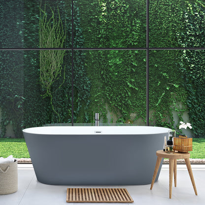Szany 67" x 32" Flatbottom Freestanding Acrylic Soaking Bathtub in Glossy Gray with Drain and Overflow