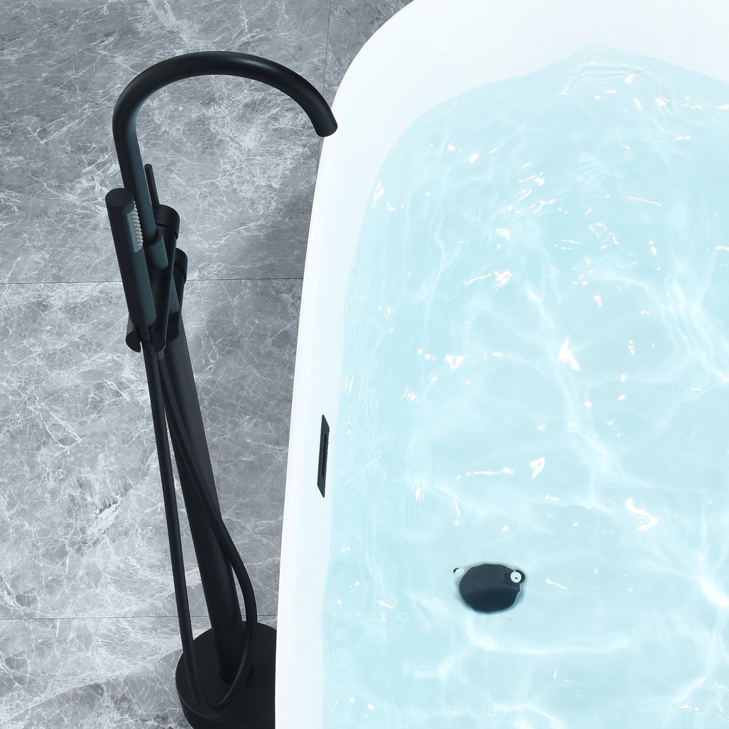 Tazlar 63" x 28" Flatbottom Freestanding Acrylic Soaking Bathtub in Glossy White with Drain and Overflow