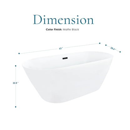 Tazlar 63" x 28" Flatbottom Freestanding Acrylic Soaking Bathtub in Glossy White with Drain and Overflow