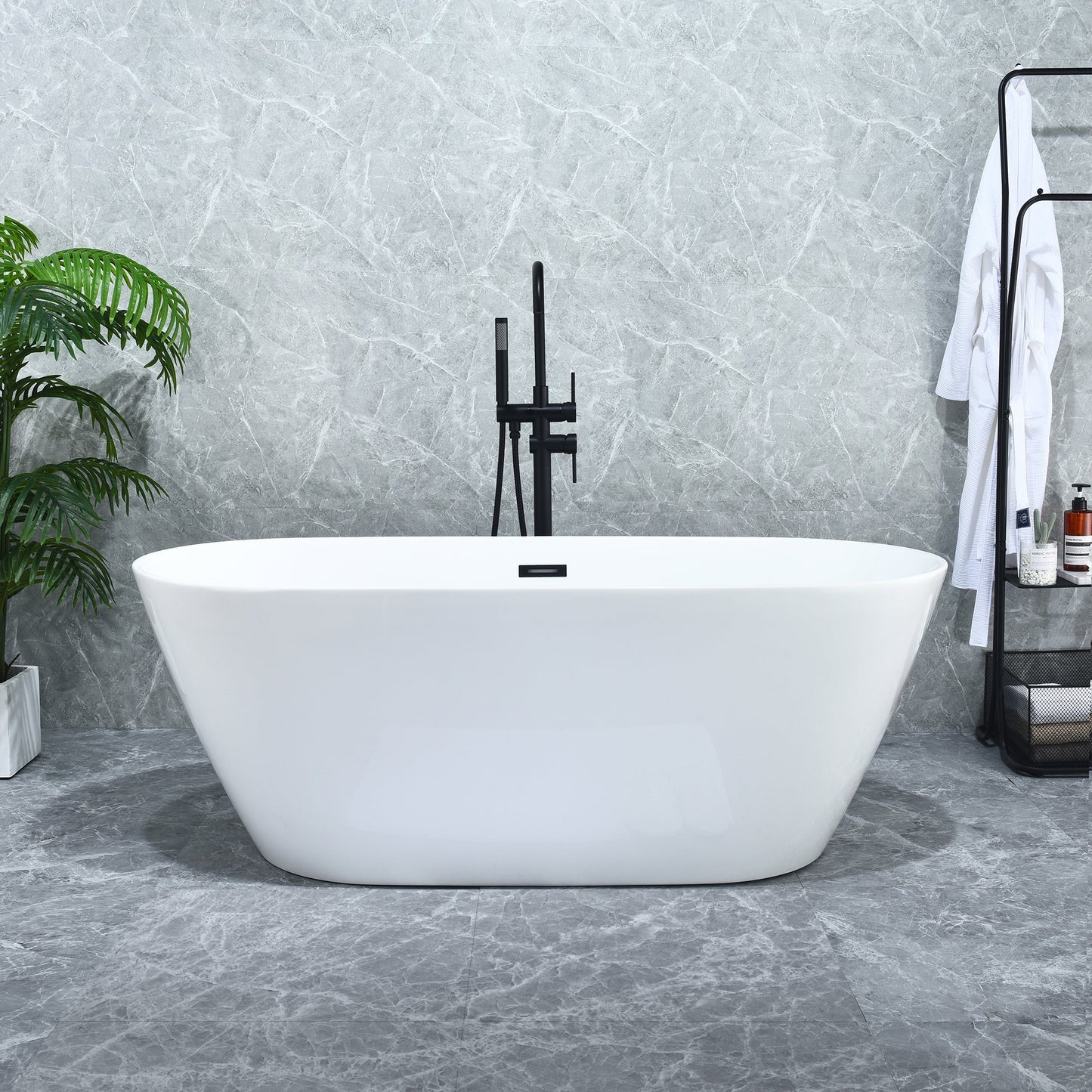 Tazlar 63" x 28" Flatbottom Freestanding Acrylic Soaking Bathtub in Glossy White with Drain and Overflow