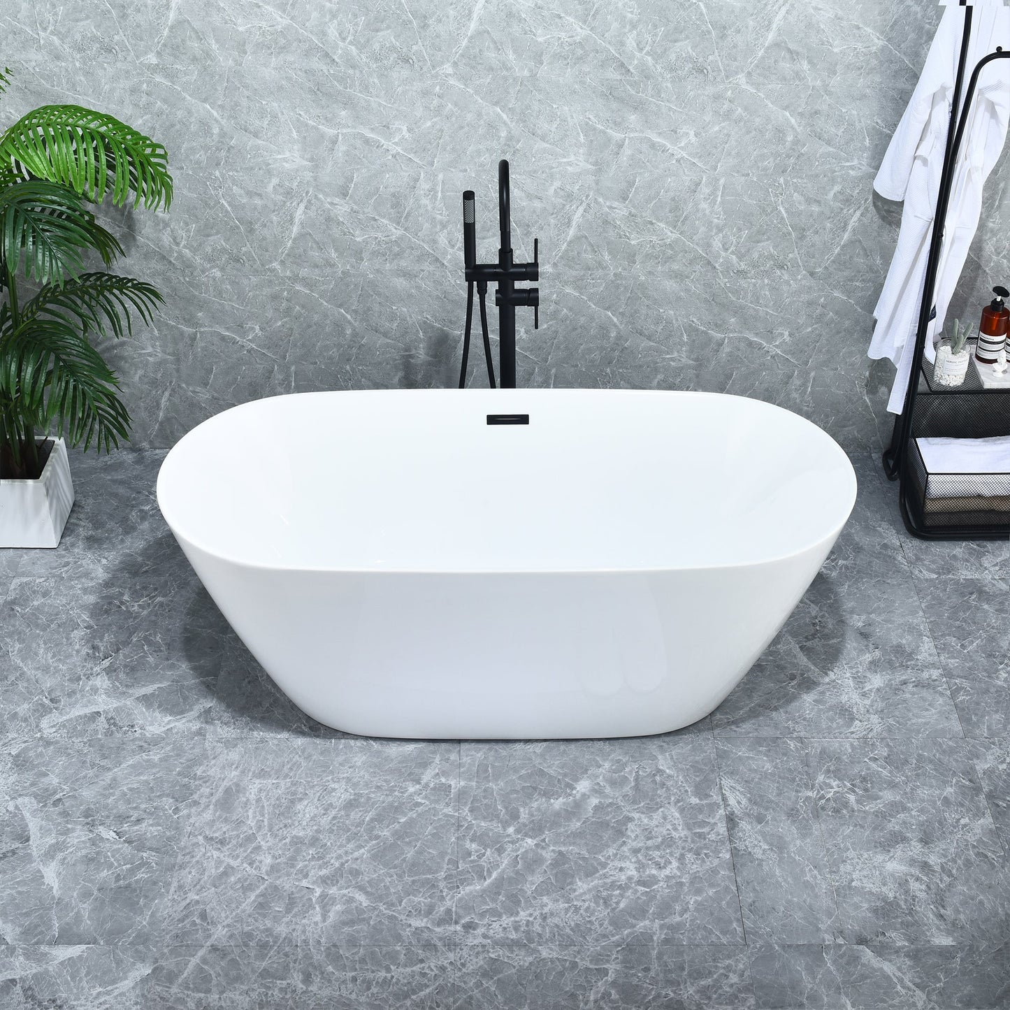 Tazlar 63" x 28" Flatbottom Freestanding Acrylic Soaking Bathtub in Glossy White with Drain and Overflow