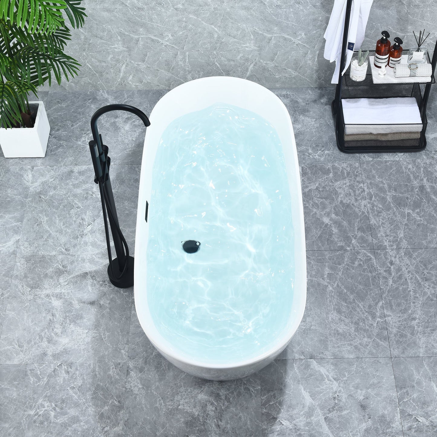 Tazlar 63" x 28" Flatbottom Freestanding Acrylic Soaking Bathtub in Glossy White with Drain and Overflow