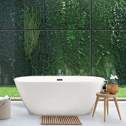 Tazlar 63" x 28" Flatbottom Freestanding Acrylic Soaking Bathtub in Glossy White with Drain and Overflow