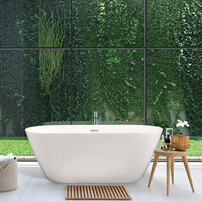 Tazlar 63" x 28" Flatbottom Freestanding Acrylic Soaking Bathtub in Glossy White with Drain and Overflow