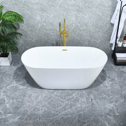 Tazlar 63" x 28" Flatbottom Freestanding Acrylic Soaking Bathtub in Glossy White with Drain and Overflow