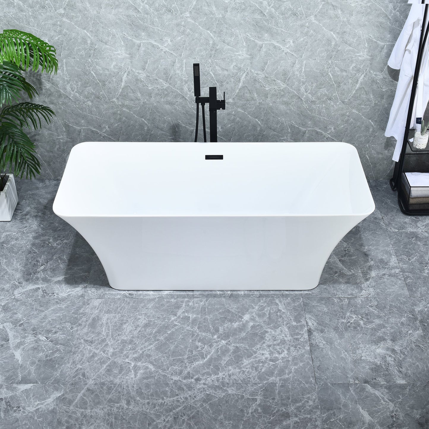 Carani 65" x 28" Flatbottom Freestanding Acrylic Soaking Bathtub in Glossy White with Drain and Overflow