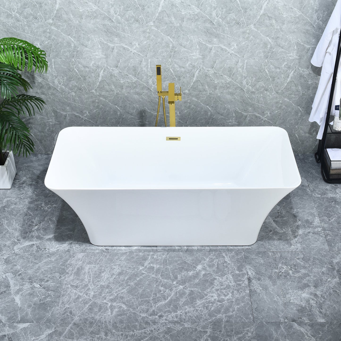 Carani 65" x 28" Flatbottom Freestanding Acrylic Soaking Bathtub in Glossy White with Drain and Overflow