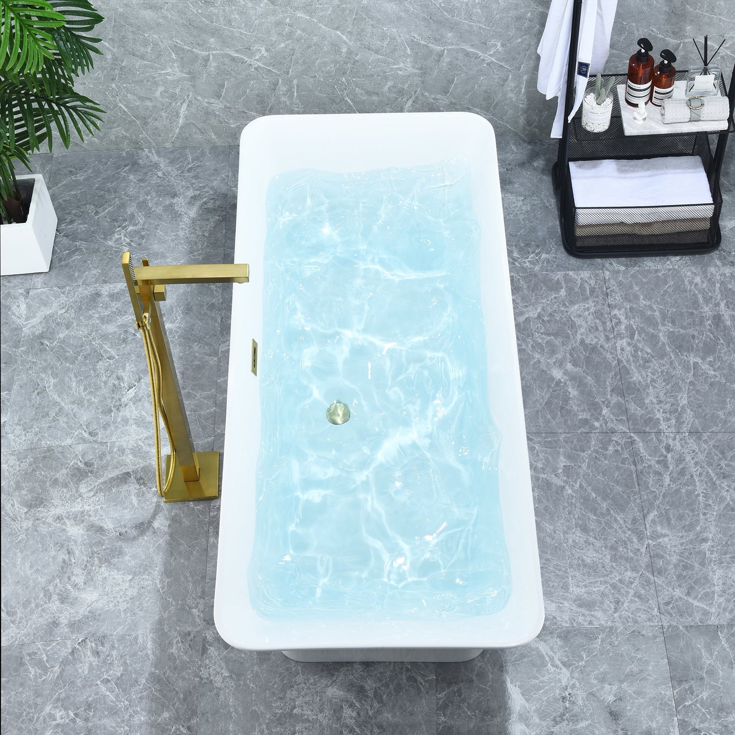 Carani 65" x 28" Flatbottom Freestanding Acrylic Soaking Bathtub in Glossy White with Drain and Overflow
