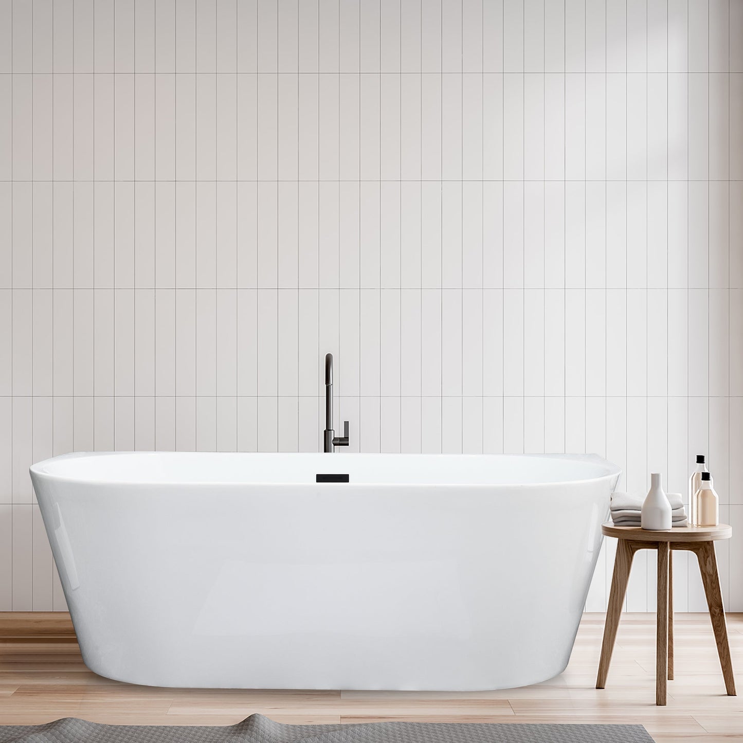 Satchi 67" x 32" Flatbottom Freestanding Acrylic Soaking Bathtub in Glossy White with Drain and Overflow