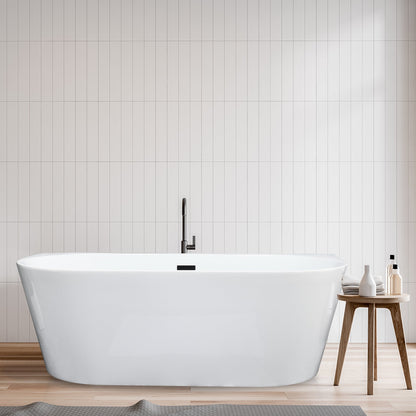 Satchi 67" x 32" Flatbottom Freestanding Acrylic Soaking Bathtub in Glossy White with Drain and Overflow