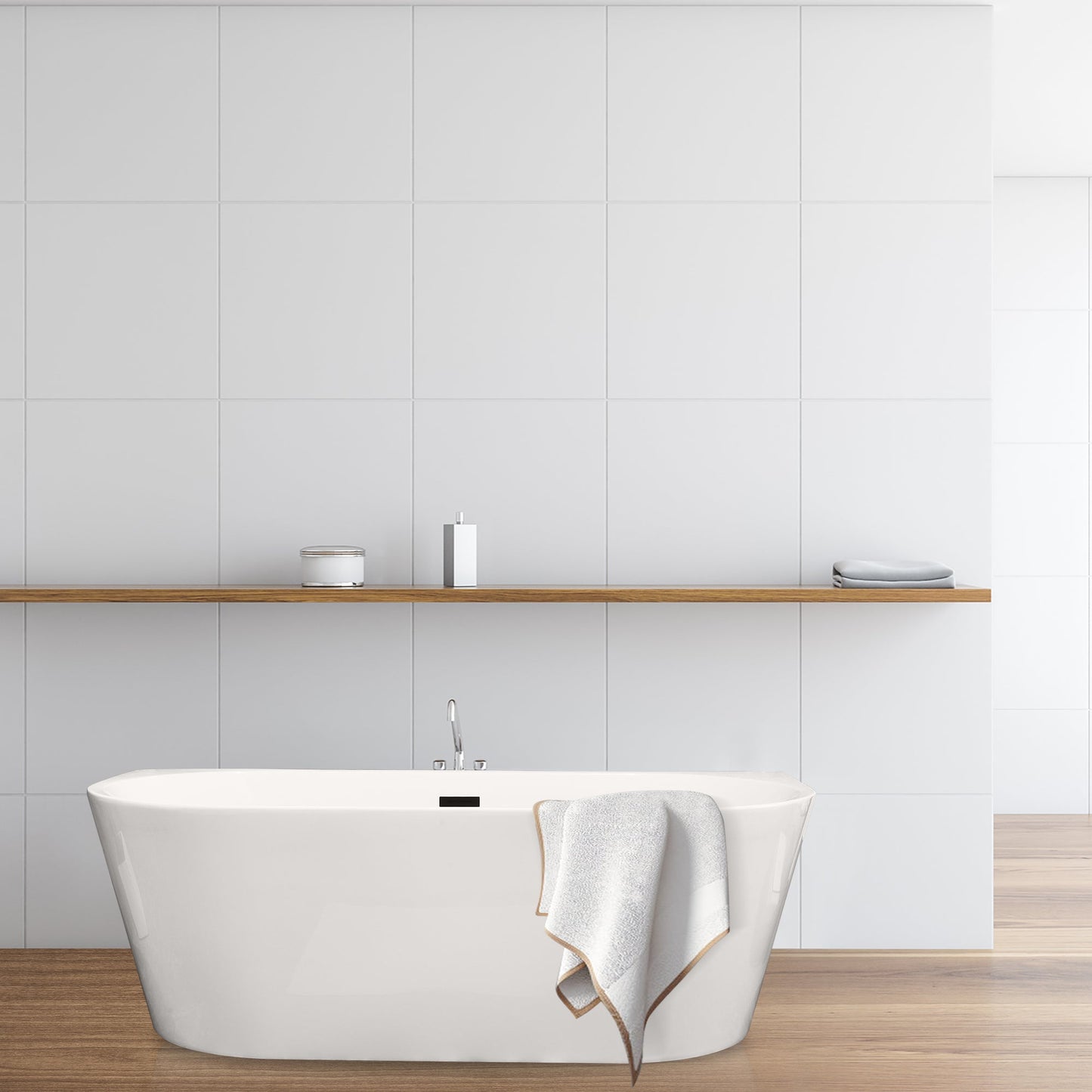 Satchi 67" x 32" Flatbottom Freestanding Acrylic Soaking Bathtub in Glossy White with Drain and Overflow