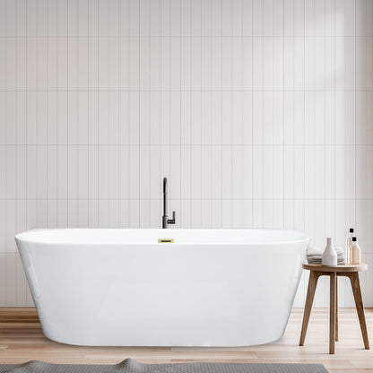 Satchi 67" x 32" Flatbottom Freestanding Acrylic Soaking Bathtub in Glossy White with Drain and Overflow