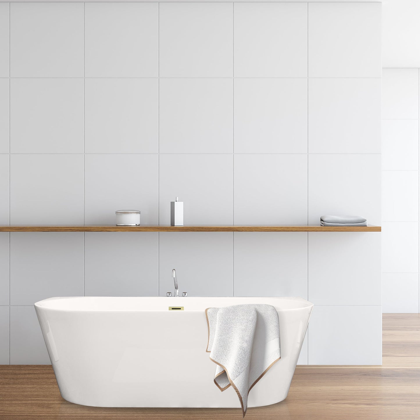 Satchi 67" x 32" Flatbottom Freestanding Acrylic Soaking Bathtub in Glossy White with Drain and Overflow