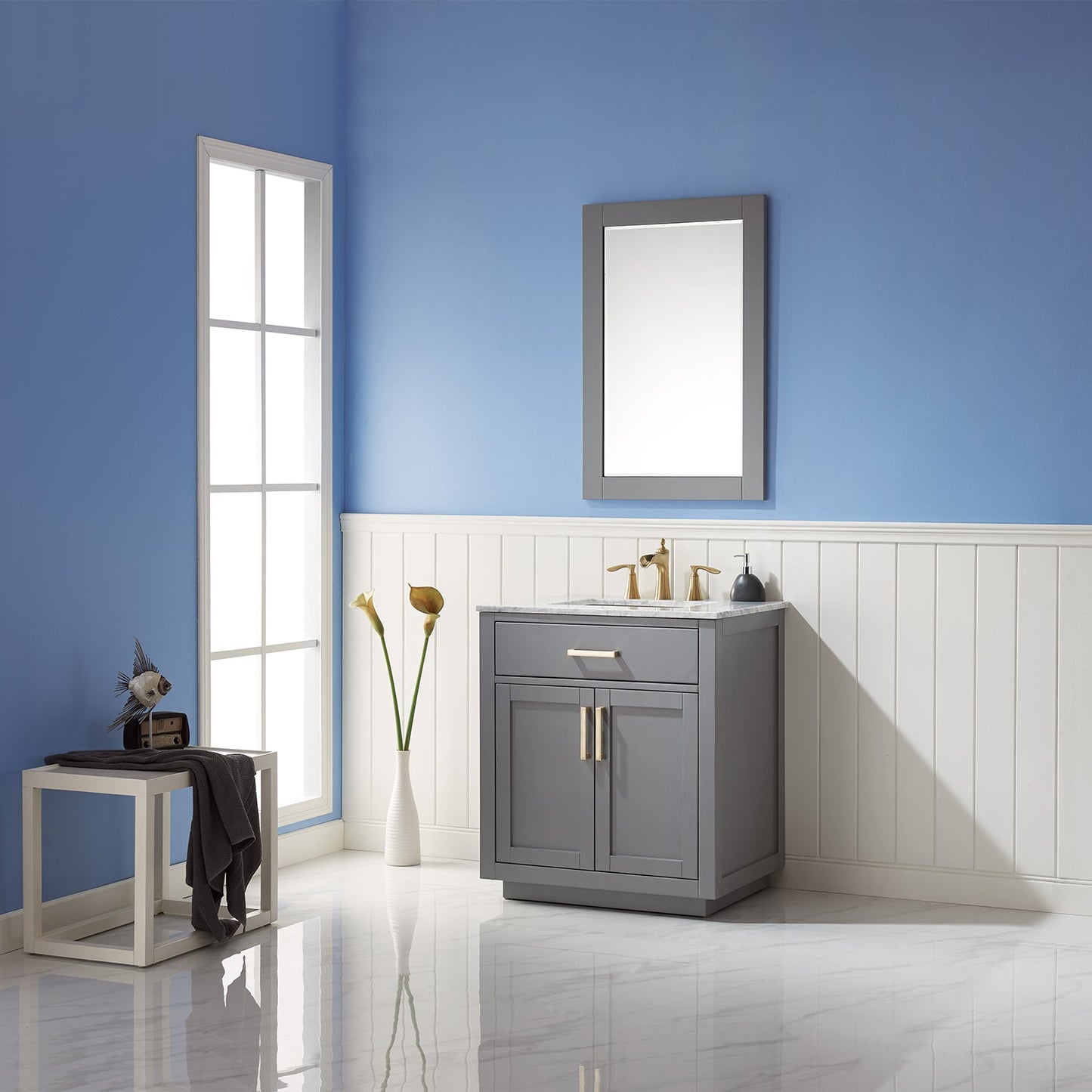 Ivy 30" Single Bathroom Vanity Set in Gray and Carrara White Marble Countertop with Mirror