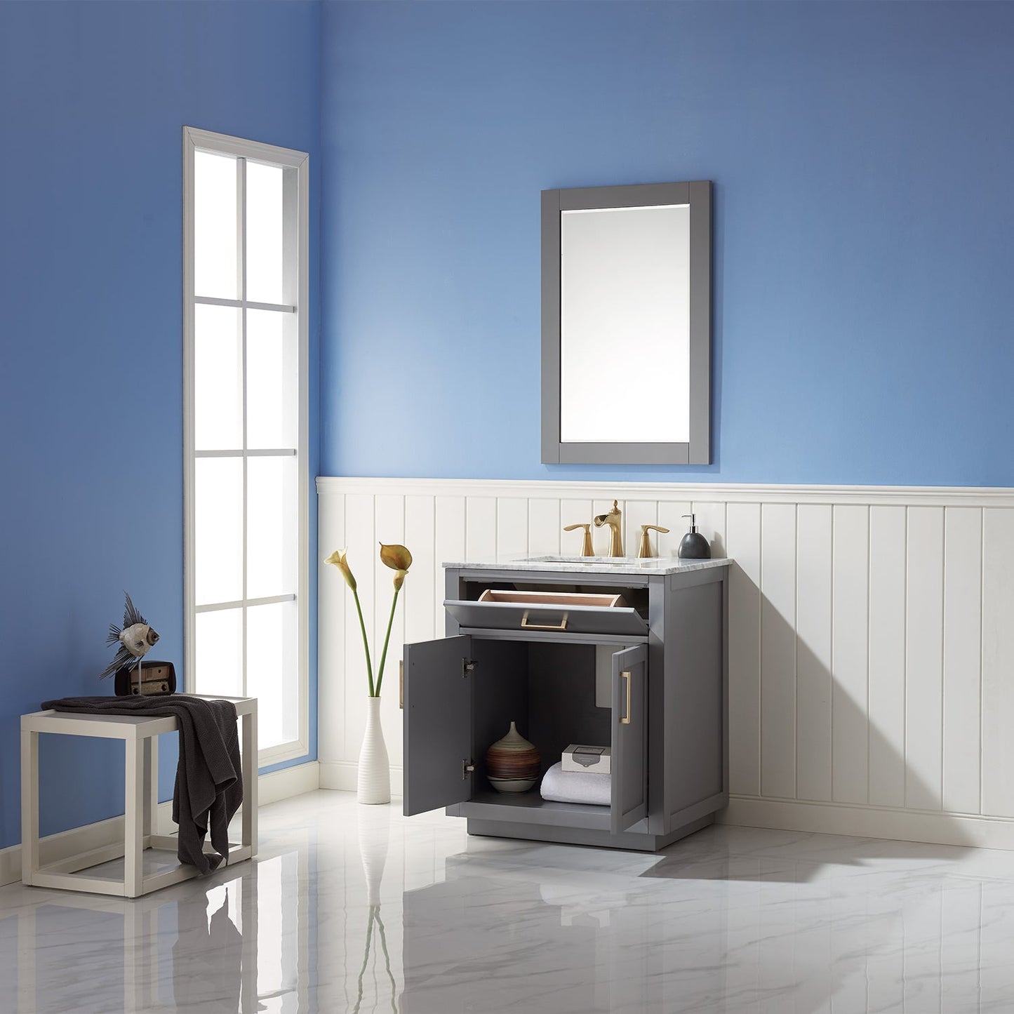 Ivy 30" Single Bathroom Vanity Set in Gray and Carrara White Marble Countertop with Mirror