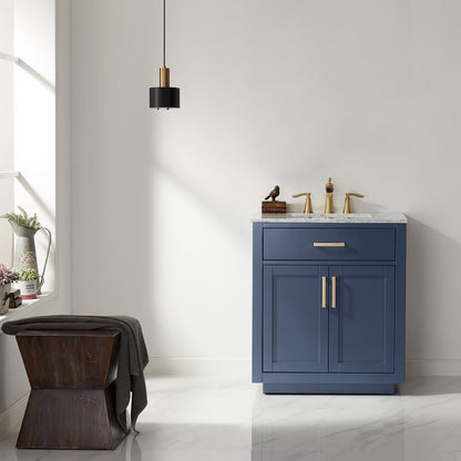 Ivy 30" Single Bathroom Vanity Set in Royal Blue and Carrara White Marble Countertop without Mirror