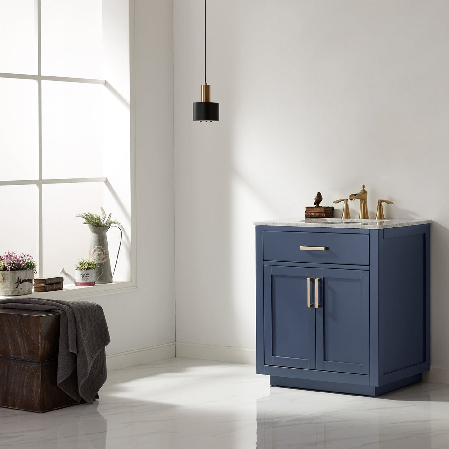 Ivy 30" Single Bathroom Vanity Set in Royal Blue and Carrara White Marble Countertop without Mirror