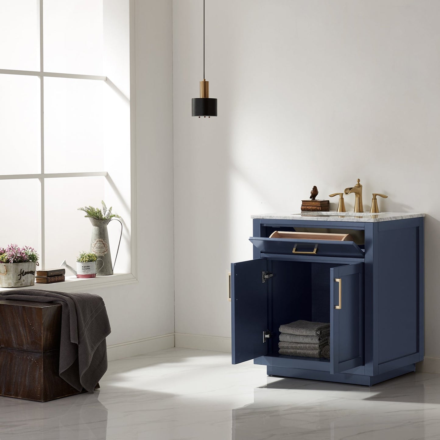 Ivy 30" Single Bathroom Vanity Set in Royal Blue and Carrara White Marble Countertop without Mirror