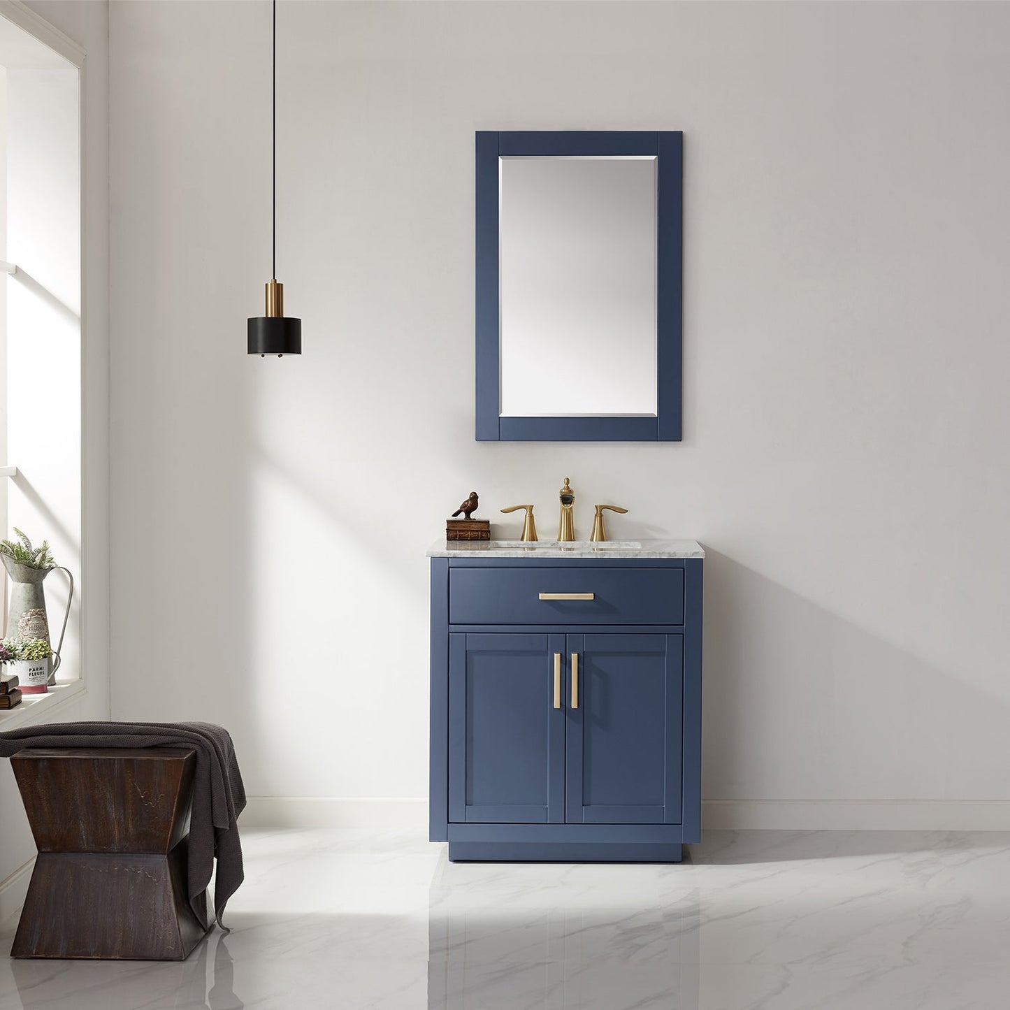 Ivy 30" Single Bathroom Vanity Set in Royal Blue and Carrara White Marble Countertop with Mirror