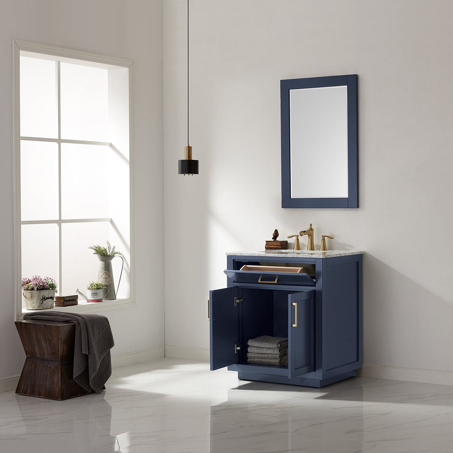 Ivy 30" Single Bathroom Vanity Set in Royal Blue and Carrara White Marble Countertop with Mirror