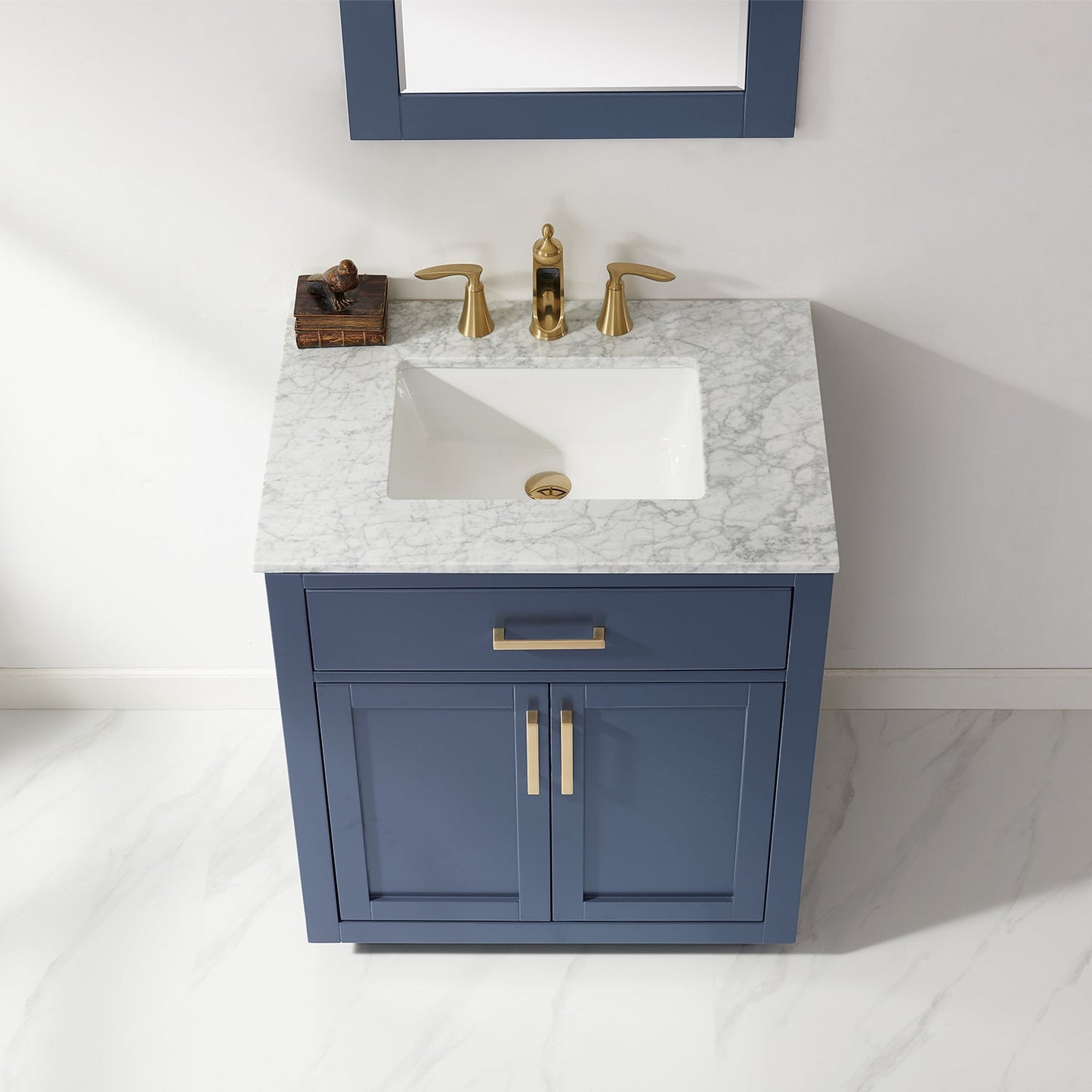 Ivy 30" Single Bathroom Vanity Set in Royal Blue and Carrara White Marble Countertop with Mirror