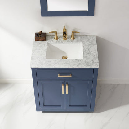 Ivy 30" Single Bathroom Vanity Set in Royal Blue and Carrara White Marble Countertop with Mirror