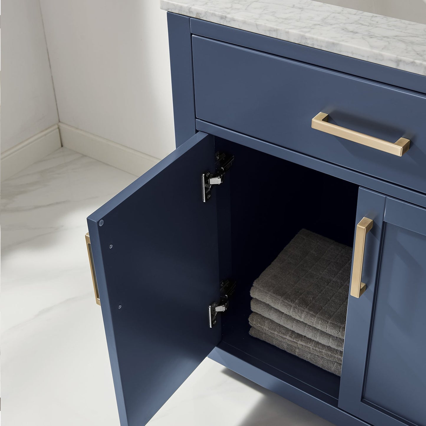 Ivy 30" Single Bathroom Vanity Set in Royal Blue and Carrara White Marble Countertop with Mirror