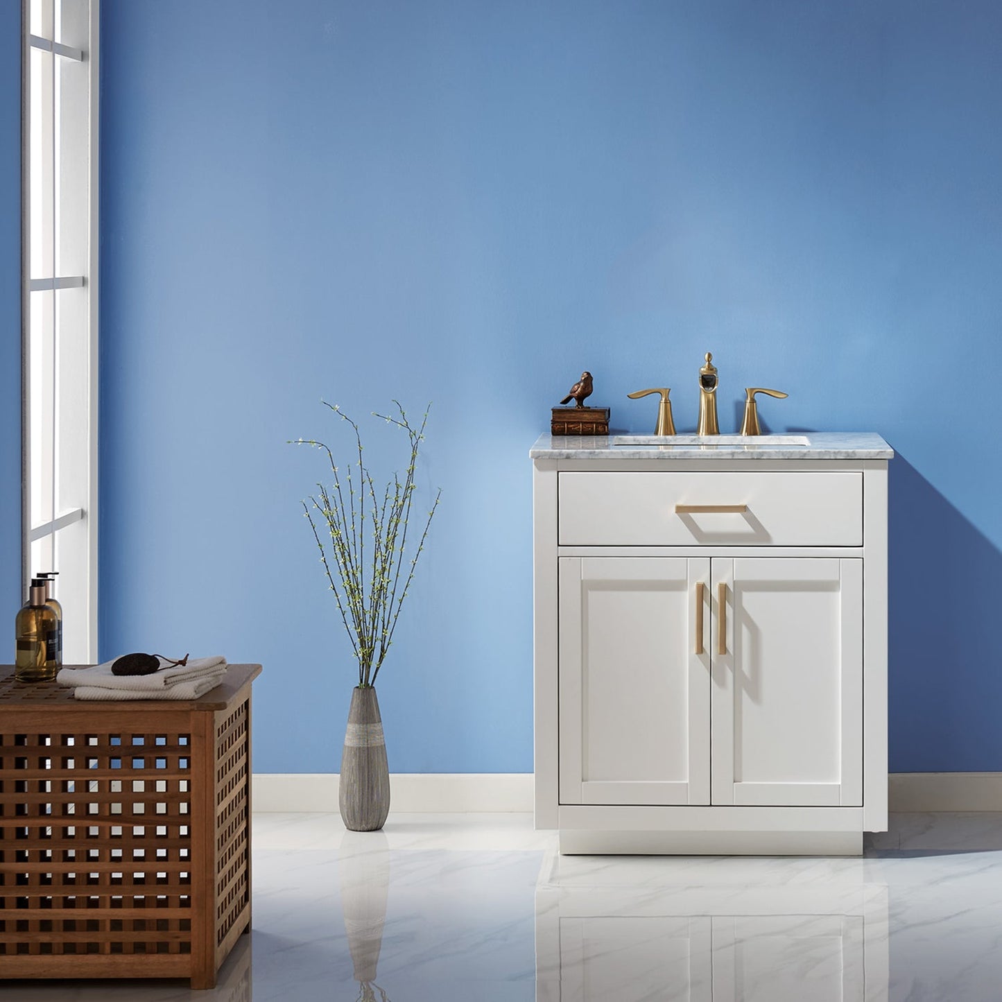Ivy 30" Single Bathroom Vanity Set in White and Carrara White Marble Countertop without Mirror