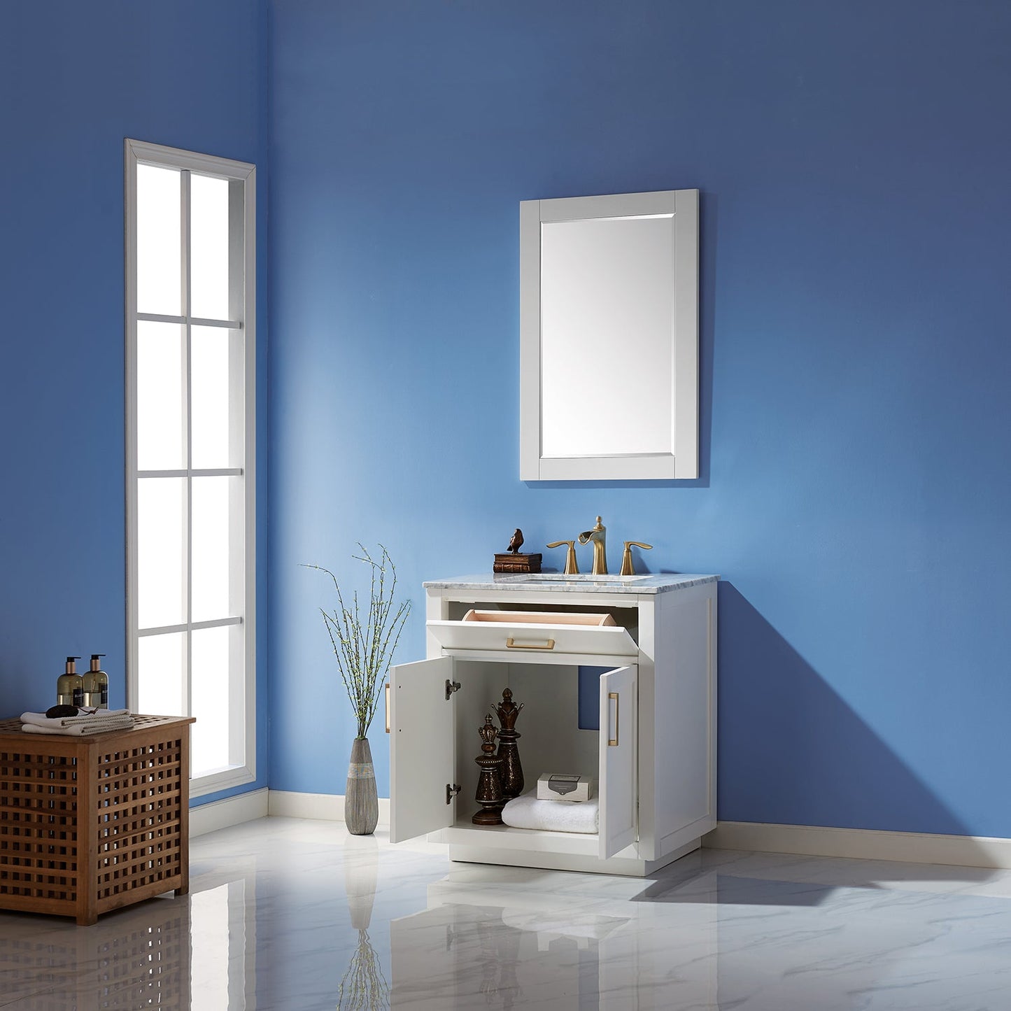 Ivy 30" Single Bathroom Vanity Set in White and Carrara White Marble Countertop with Mirror