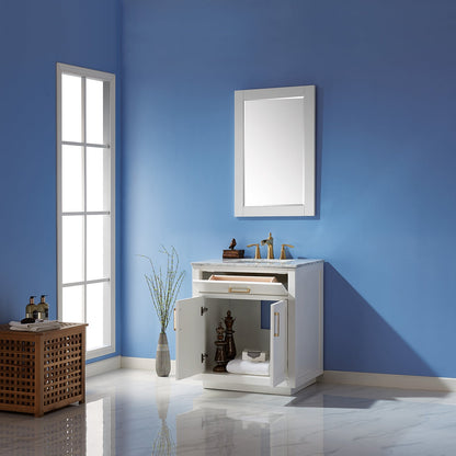 Ivy 30" Single Bathroom Vanity Set in White and Carrara White Marble Countertop with Mirror