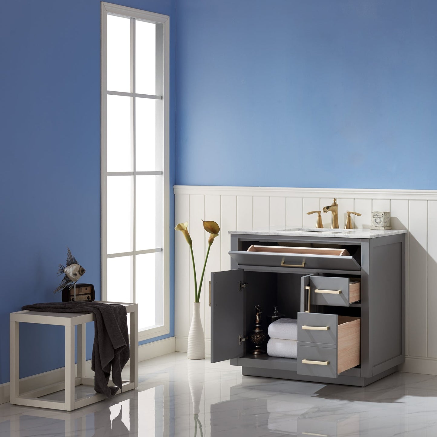 Ivy 36" Single Bathroom Vanity Set in Gray and Carrara White Marble Countertop without Mirror
