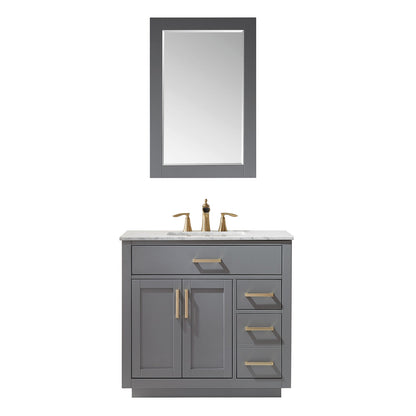 Ivy 36" Single Bathroom Vanity Set in Gray and Carrara White Marble Countertop with Mirror