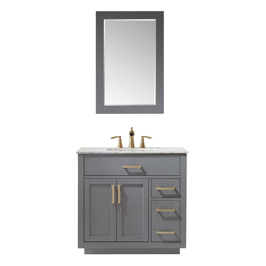 Ivy 36" Single Bathroom Vanity Set in Gray and Carrara White Marble Countertop with Mirror
