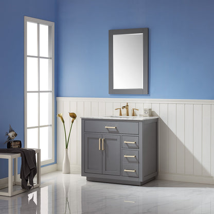 Ivy 36" Single Bathroom Vanity Set in Gray and Carrara White Marble Countertop with Mirror