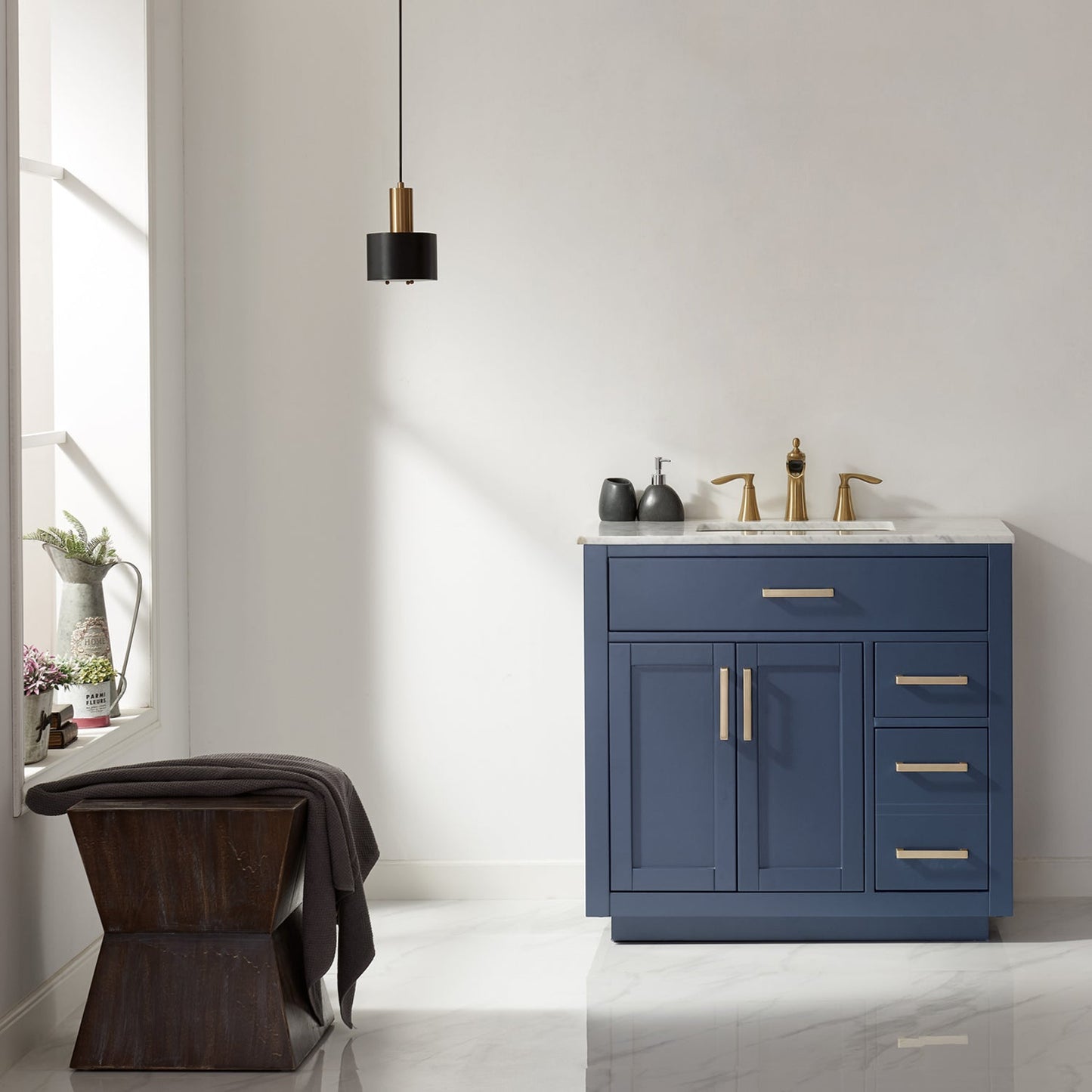 Ivy 36" Single Bathroom Vanity Set in Royal Blue and Carrara White Marble Countertop without Mirror