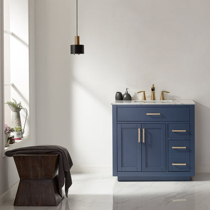 Ivy 36" Single Bathroom Vanity Set in Royal Blue and Carrara White Marble Countertop without Mirror