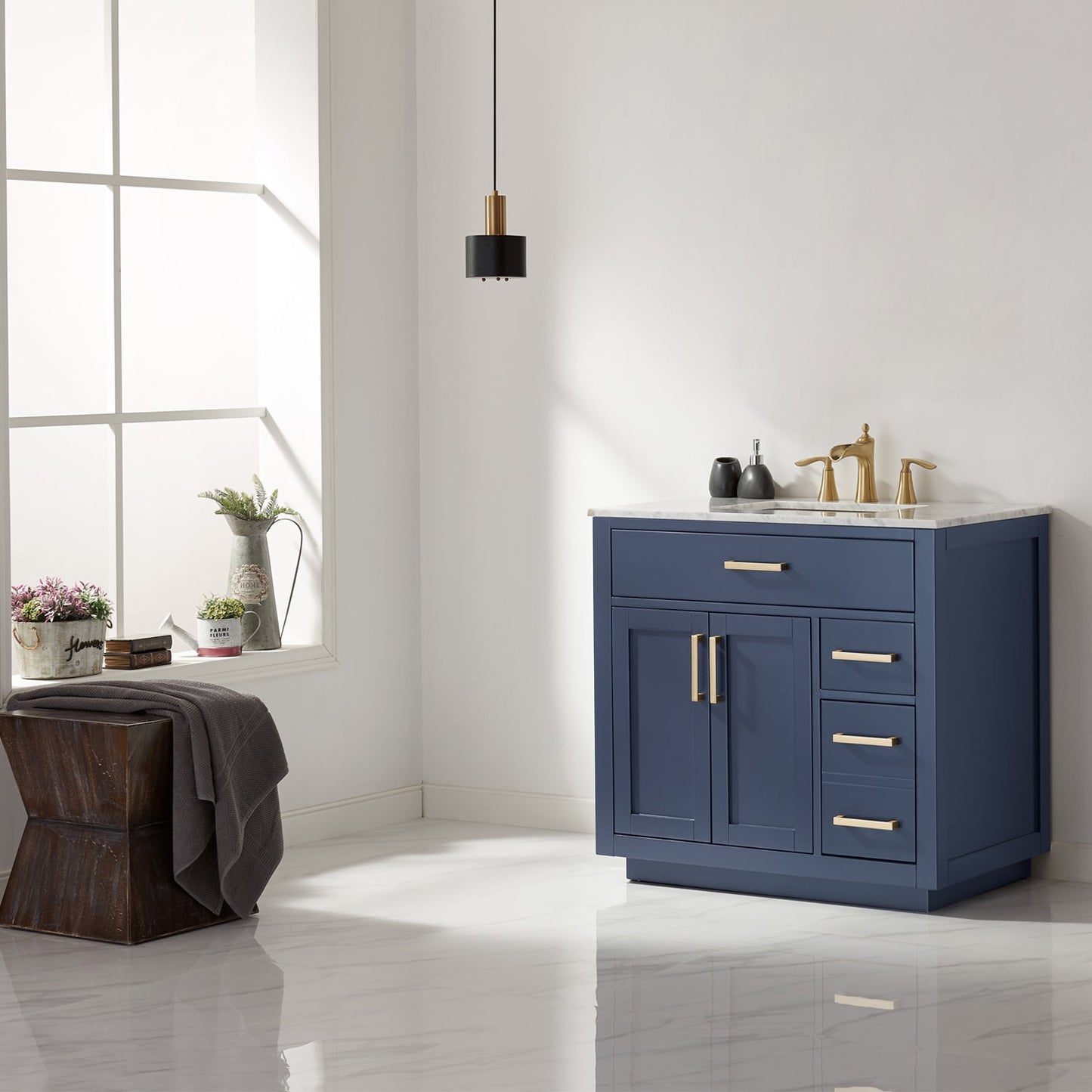 Ivy 36" Single Bathroom Vanity Set in Royal Blue and Carrara White Marble Countertop without Mirror