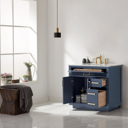 Ivy 36" Single Bathroom Vanity Set in Royal Blue and Carrara White Marble Countertop without Mirror