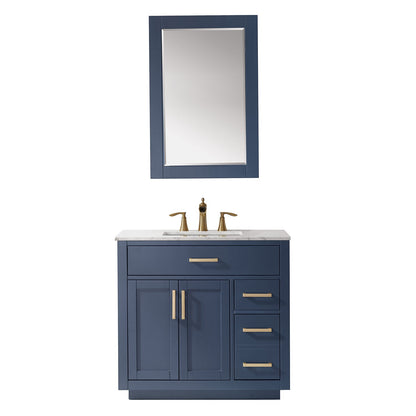 Ivy 36" Single Bathroom Vanity Set in Royal Blue and Carrara White Marble Countertop with Mirror