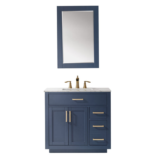 Ivy 36" Single Bathroom Vanity Set in Royal Blue and Carrara White Marble Countertop with Mirror