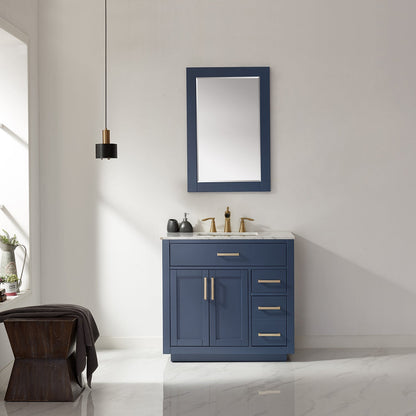 Ivy 36" Single Bathroom Vanity Set in Royal Blue and Carrara White Marble Countertop with Mirror