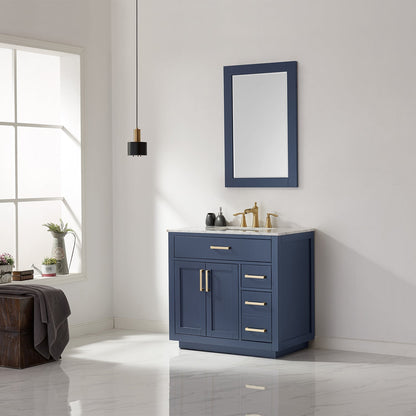Ivy 36" Single Bathroom Vanity Set in Royal Blue and Carrara White Marble Countertop with Mirror