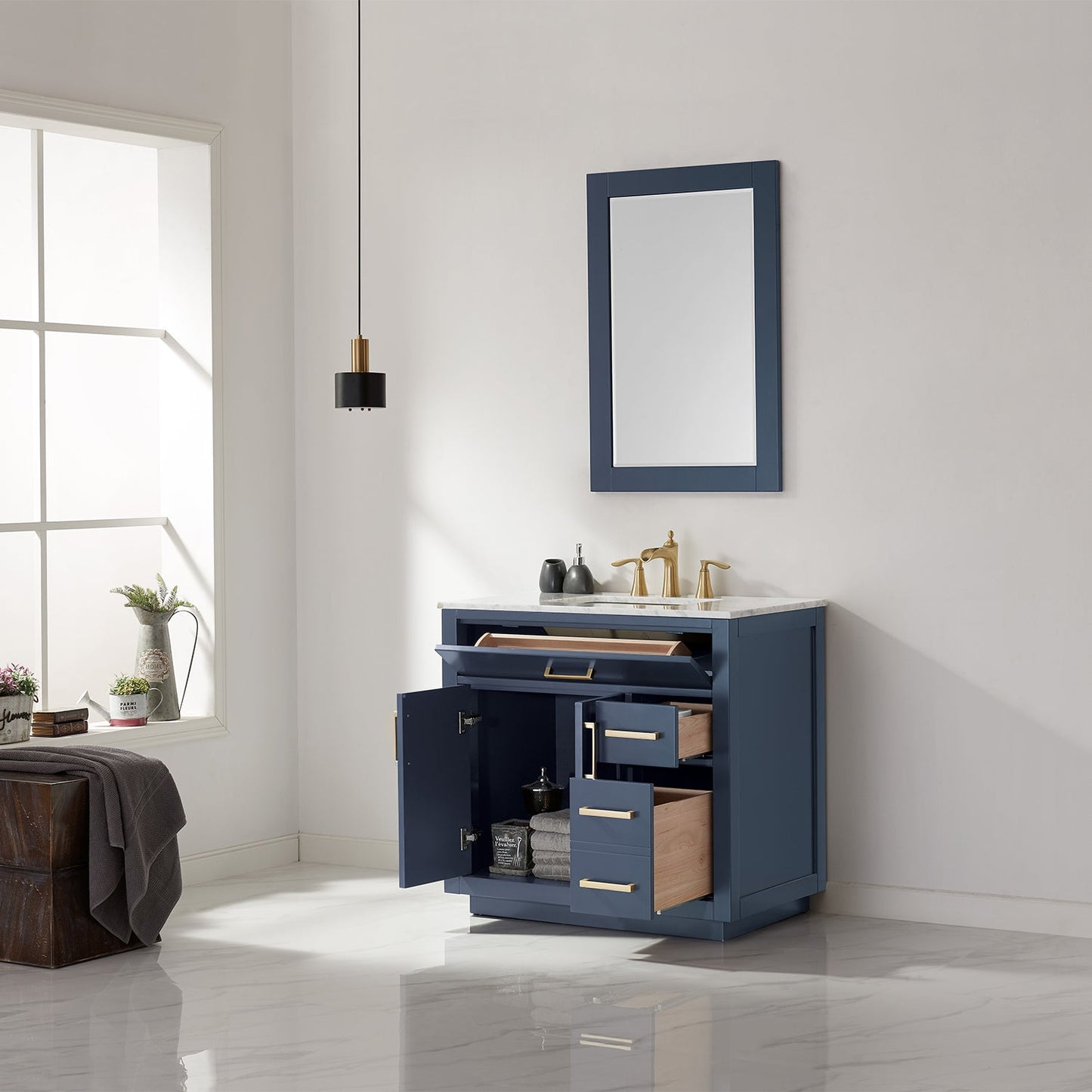 Ivy 36" Single Bathroom Vanity Set in Royal Blue and Carrara White Marble Countertop with Mirror
